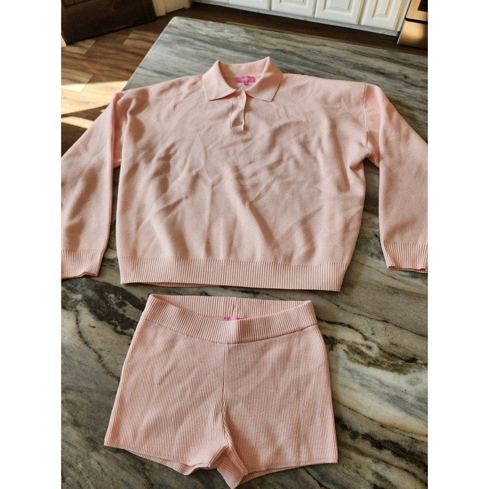 Edikted Pink Ribbed Knit Polo Sweater and Shorts Lounge Set XS